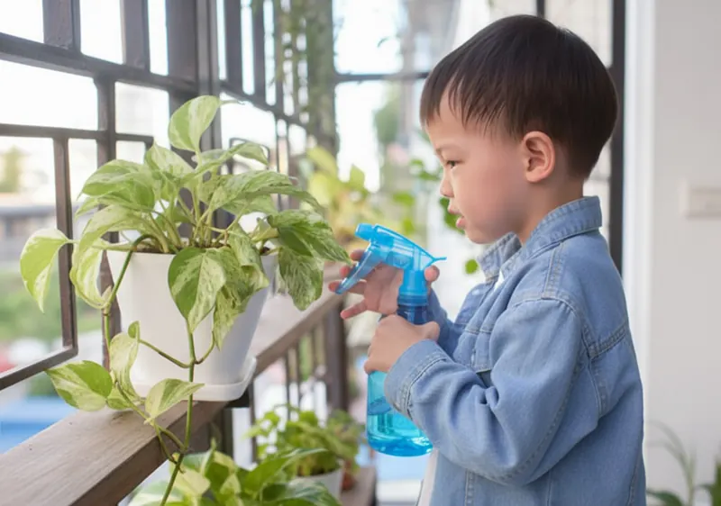 Child misting an indoor plant, a practical life care-of-the-environment activity