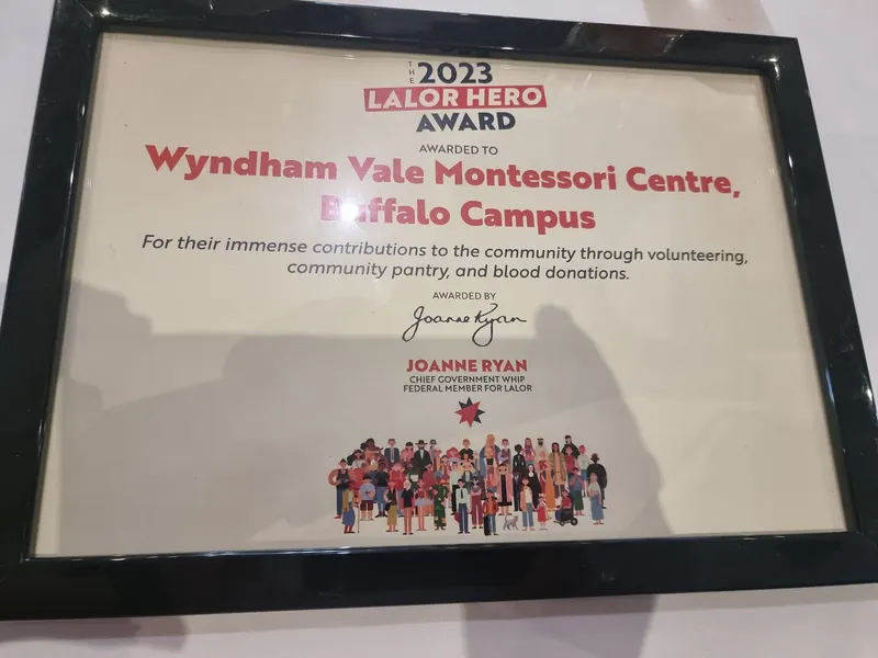 Framed 2023 Lalor Hero Award presented to Wyndham Vale Montessori Centre, Buffalo Campus
