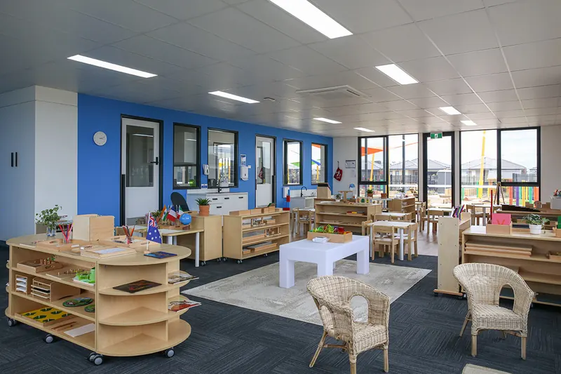 Bright Montessori classroom at our Ballan Campus with low shelves of learning materials and child-sized furniture
