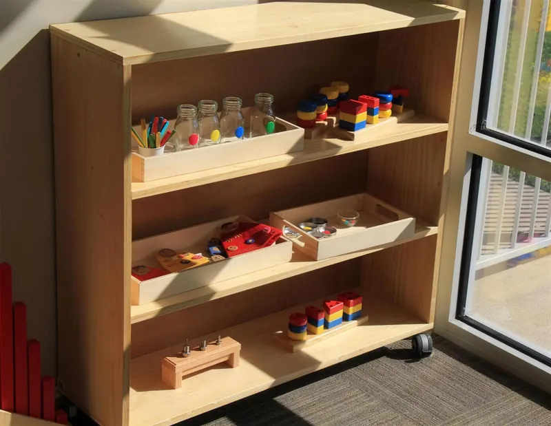 Shelf of practical life and sensorial materials
