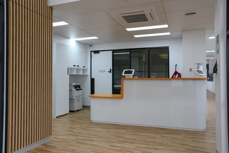 Reception desk and secure sign-in area